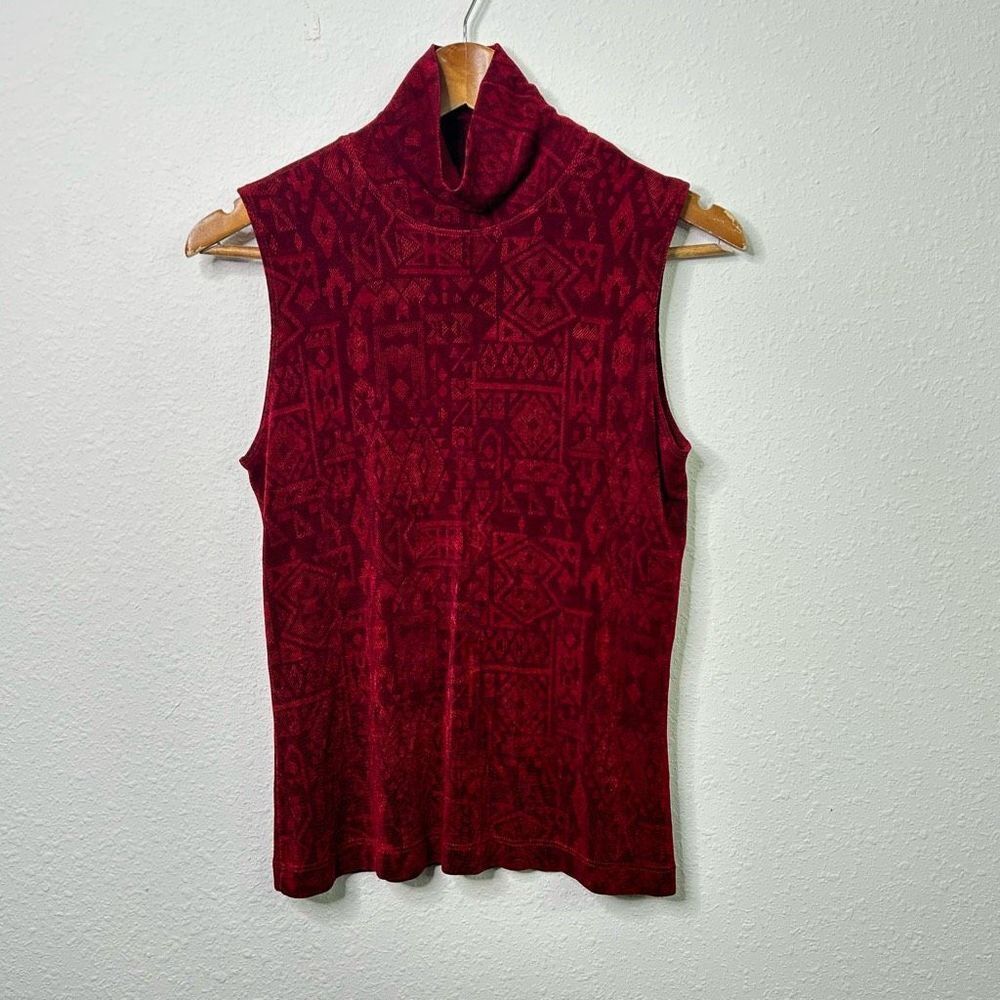Chico’s Designs Travelers Red Aztec Mock Neck Sleeveless Slinky Knit Top